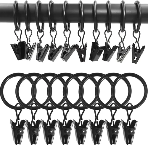 Vista 39 de WeeksEight Paquete de 44 anillos de cortina negros con clips, ganchos de cortina, ganchos de clip para colgar cortinas, lazos, sombreros, anillos