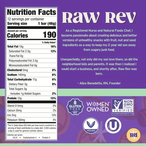 Vista 2 de Raw Rev Glo Barras de proteína, mantequilla de cacahuate chocolate oscuro y sal marina, barra de 1.6 onzas