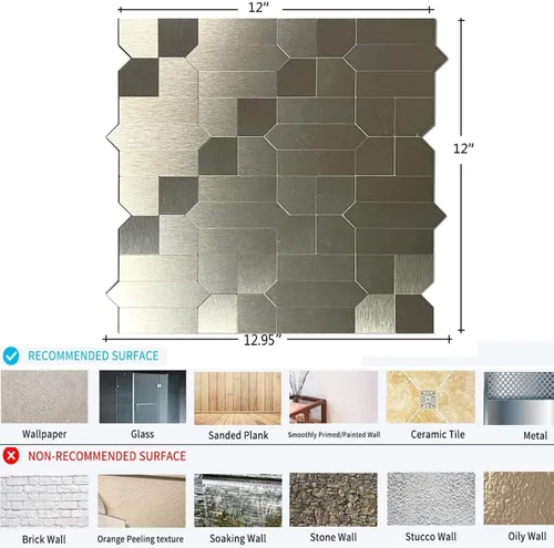 Vista 4 de XUANINY 7 hojas de azulejos metálicos para salpicaduras de muro, autoadhesivas, múltiples formas, mosaico de aluminio 3D, adhesivo de pared
