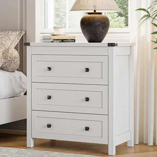 Vista 9 de Cómoda para dormitorio con 3 cajones, cajones pequeños de 27.55" de ancho, cómoda de madera estilo granja, mesita de noche, gabinete de cabecera