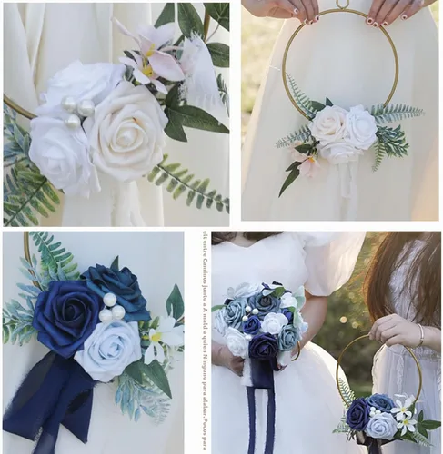 Vista 5 de Corona de aro floral de boda para damas de honor, guirnalda de mano de metal artificial para dama de honor con guirnalda de rosas y eucaliptos Azul