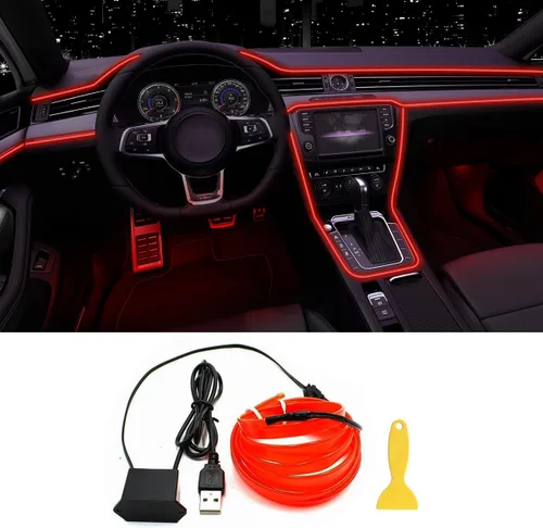 Vista 10 de Tira de luces LED de alambre EL para interior del automóvil, tira de cable USB de neón brillante estroboscópico de 16.5 pies con borde de costura