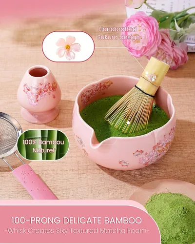 Vista 3 de Juego de batidor de matcha, juego de 6 piezas de matcha que incluye un tazón grande de matcha, batidor de bambú y cuchara con bonito encanto