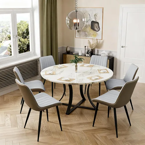Vista 7 de Juego de 4 sillas de comedor tapizadas de piel sintética, modernas sillas de cocina y comedor con cómodos cojines y patas de metal negro, diseño