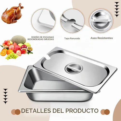 Vista 3 de Bokon Paquete de 6 tapas de sartén de mesa de vapor de 1/3 de acero inoxidable con asa, cubierta de bandeja de comida para catering, ranurada