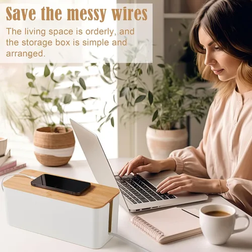 Vista 3 de Caja de ordenamiento de cables blanco con tapa de bambú, organizador de cables, caja de gestión de cables para ocultar cables y enchufes
