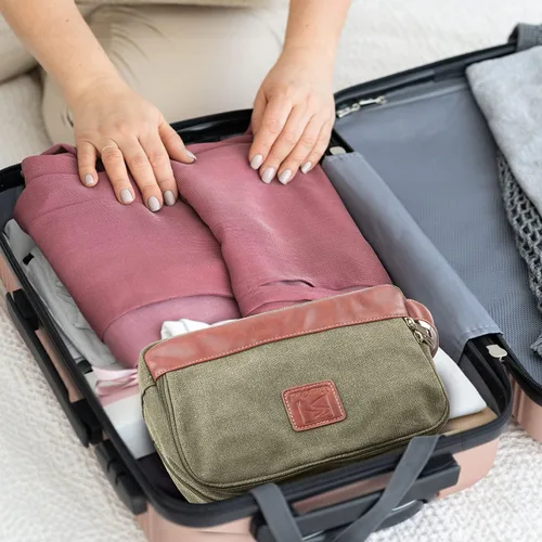Vista 6 de Neceser de viaje para hombres y mujeres, organizador de artículos de tocador de lona resistente al agua, de cuero vegano, kit de Dopp colgante