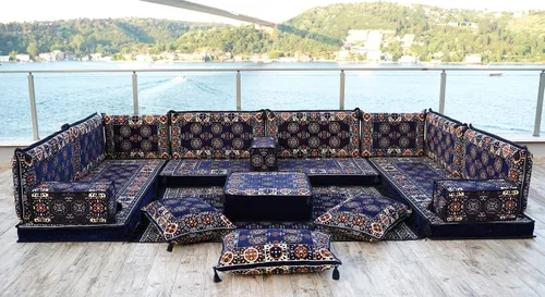 Vista 2 de arabicsofa Juego de sofá de asiento bajo Majlis árabe azul marino, fundas lavables para sala de estar, cojines de suelo turcos