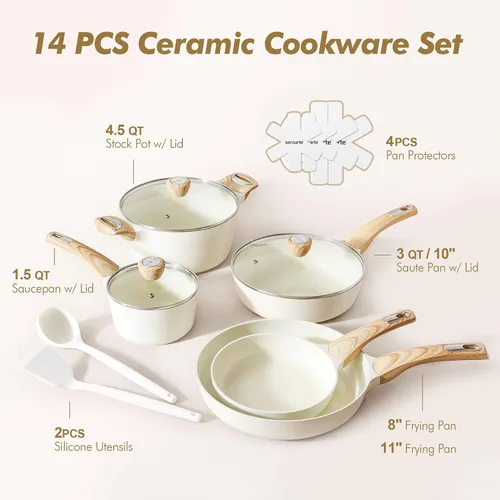 Vista 3 de SENSARTE Juego de utensilios de cocina de cerámica, juego de ollas y sartenes antiadherentes, utensilios de cocina de inducción de 14 piezas,