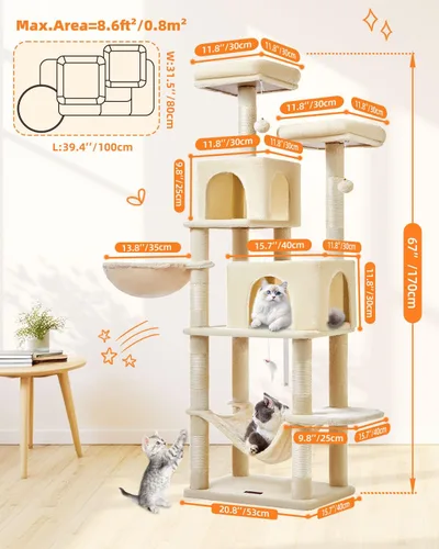 Vista 2 de Taoqimiao Árbol para gatos, torre para gatos de 66.2 pulgadas para gatos de interior, condominio para gatos de varios niveles de felpa con 7 postes