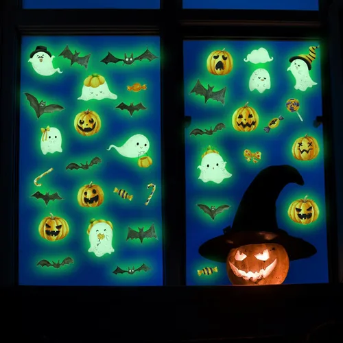Vista 20 de 3 hojas de calcomanías luminosas de murciélago de Halloween que brillan en la oscuridad, calcomanías luminosas de murciélagos de Halloween