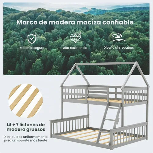 Vista 7 de KOMFOTT - Litera doble de madera con cama individual sobre cama tamaño full con escalera incorporada, marco de litera de madera de pino macizo
