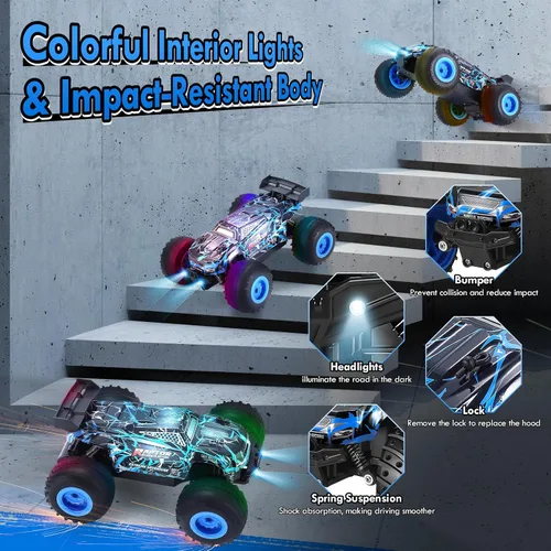 Vista 4 de Coche de control remoto, recargable 1:18 Rc, camión a control remoto todo terreno Azul