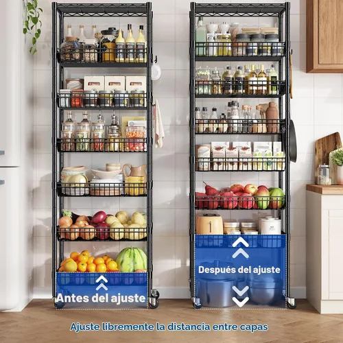 Vista 6 de DurayLoly Estantería de alambre de 7 niveles con ruedas de 72" de altura, estantes con canastas ajustables de almacenamiento con ganchos