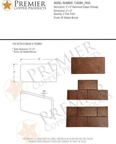 Vista 5 de Premier Copper Products T36DBH_PKG4 - Azulejo de cobre martillado de 3 x 6 pulgadas, cantidad 4, bronce aceitado