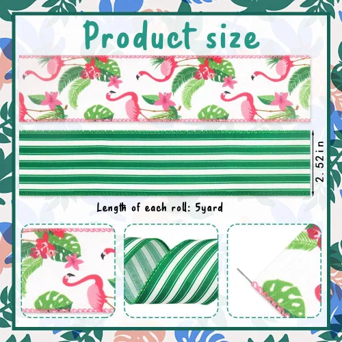 Vista 2 de Estivaux 2 rollos de cintas tropicales de verano para manualidades, fiesta hawaiana Luau con borde con alambre, arpillera verde con hojas