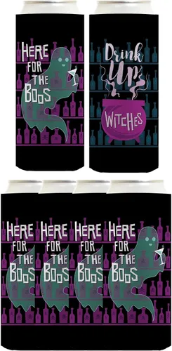 Vista 16 de Decoración espeluznante de Halloween Bebe brujas aquí para los abucheos 2 caras Paquete de 2 termoenfriadores ultra delgados para latas