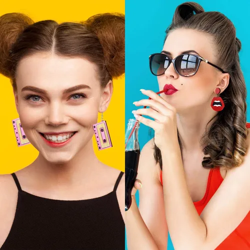 Vista 5 de Hicarer 4 pares de aretes de los años 80 para mujer, aretes de neón de los años 90, joyería retro para fiesta brillante, disfraz de los años 80