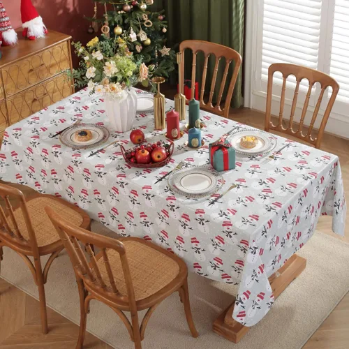 Vista 2 de Mantel de vinilo de muñeco de nieve blanco navideño con reverso de franela, mantel rectangular de PVC, manteles impermeables de Navidad