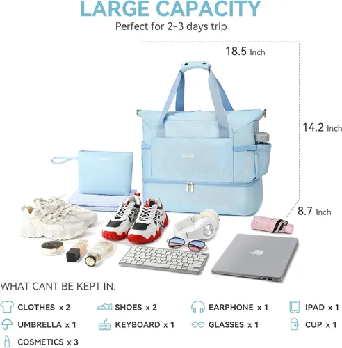 Vista 4 de Bolsa de viaje para gimnasio, bolsa de fin de semana con compartimento para zapatos, bolsa de noche para mujer, Azul
