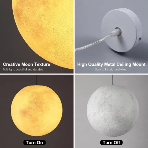 Vista 6 de Lámpara colgante de techo de luna, planeta creativo, luna, nórdico, lámpara colgante moderna de resina impermeable para exteriores, porche, jardín
