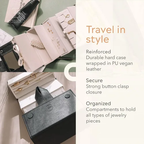 Vista 7 de Joyero organizador de joyas de viaje Lujoso organizador de viaje compacto con soporte para collares, organizador de aretes, soporte para anillos