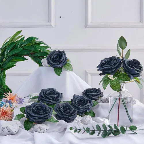 Vista 4 de Rosas artificiales, rosas artificiales, rosas artificiales de seda con tallos para ramos de boda, mesas de fiesta, centros de mesa, arreglos Negro
