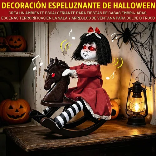 Vista 3 de Halloween Animatronic Decorations Girl Doll on Rocking Horse with Lights