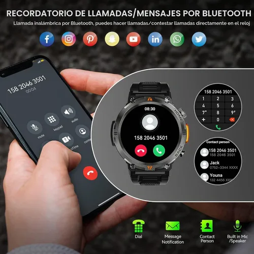 Vista 2 de Reloj inteligente militar para hombres con linterna LED 1.45 "HD Bluetooth