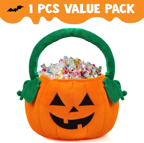 Vista 3 de JOYIN Cubo de felpa de calabaza de Halloween, bolsa de dulces de 11 x 13.4 pulgadas, bonita cesta de Halloween con asa para niños, niñas, niños