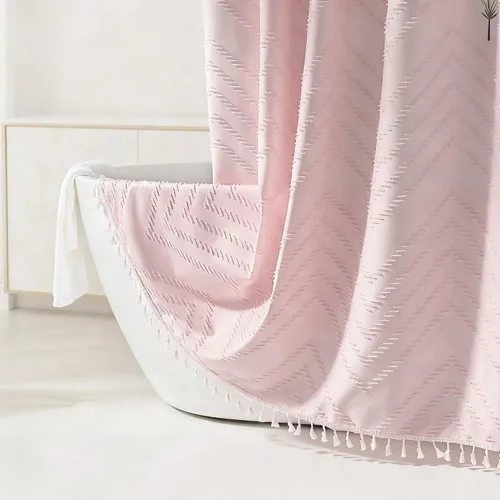 Vista 82 de Cortina de ducha Siiluminisoy de 36x72 beige, cortina de ducha de tela de tamaño pequeño, cortinas de ducha de tela con tufting, diseño chevron a