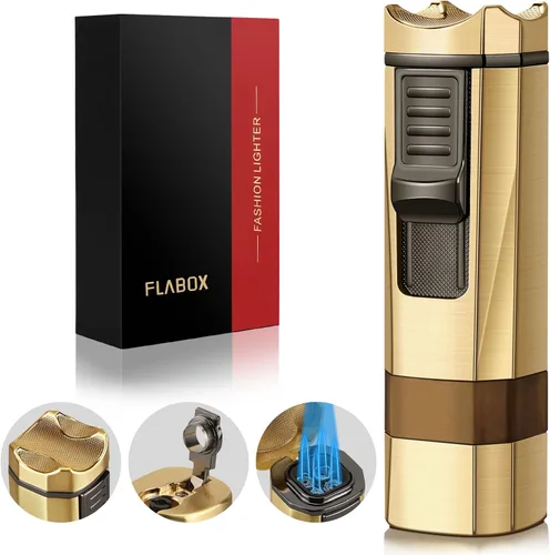 Vista 9 de Encendedor de llama de cuatro chorros con punzón y soporte, resistente al viento, encendedor de butano recargable multifuncional, caja de regalo