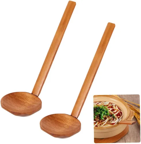 Vista 8 de Cuchara de ramen de mango largo, cuchara grande de madera para olla caliente, cucharas de sopa de concha de tortuga, 2 cucharas de ramen de mango