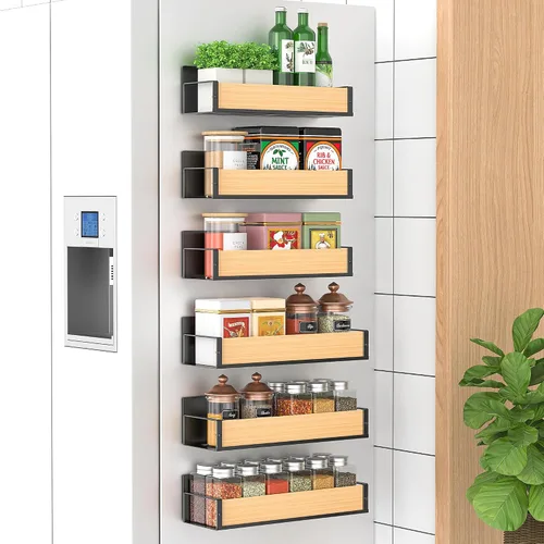 Vista 24 de HuggieGems Paquete de 6 organizadores magnéticos de almacenamiento de especias para refrigerador y horno, organizadores negros para nevera
