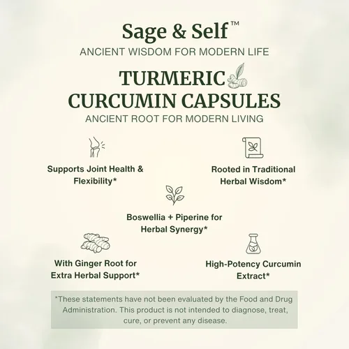 Vista 2 de Sage & Self Cápsulas de curcumina de cúrcuma – 95% extracto de curcumina con jengibre, boswellia y pimienta negra – 1000 mg por porción – Suplemento