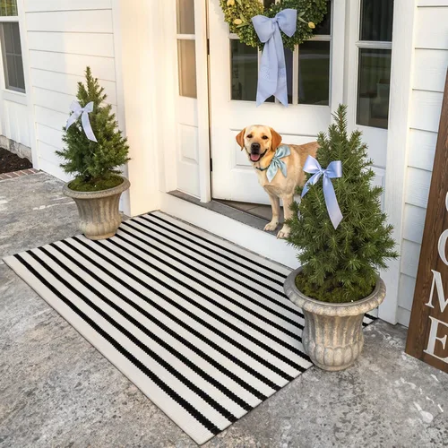 Vista 15 de KIMODE - Alfombra de algodón tejida con diseño a rayas en color negro, para puerta de entrada, cocina, decoración de estilo rústico