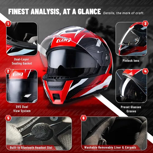 Vista 8 de LEM Cascos modulares de motocicleta de fibra de vidrio, casco de motocicleta de cara completa abatible para excursiones, certificado por DOT, visera