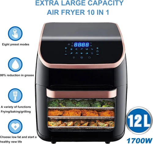 Vista 3 de Freidora de aire, freidoras de aire sin aceite de 12L 10 en 1, freidora de aire digital, kit de asador, freír al aire, asar/deshidratar