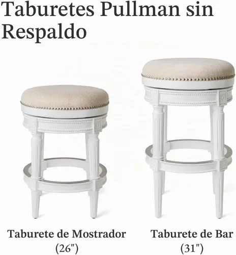 Vista 5 de Maven Lane Pullman Taburete de Bar de Madera Giratorio 180 Grados sin Respaldo de 30" de Altura con Ribete de Tachuelas, Acabado Blanco Alabastro
