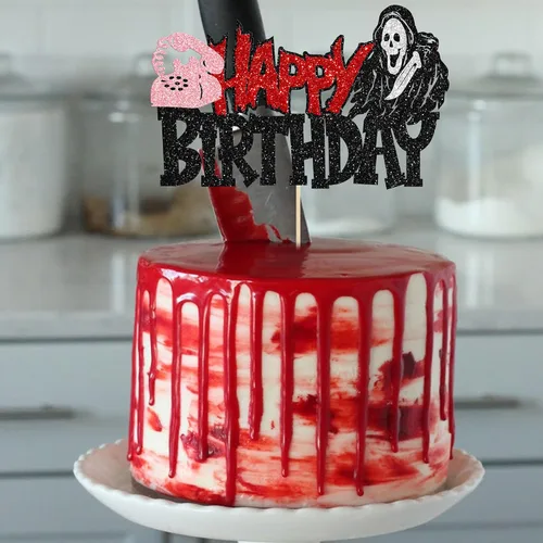 Vista 6 de 1 pieza de decoración de pastel de cumpleaños asesino ensamblada con purpurina de terror clásico de Halloween para tema de terror sangriento Negro