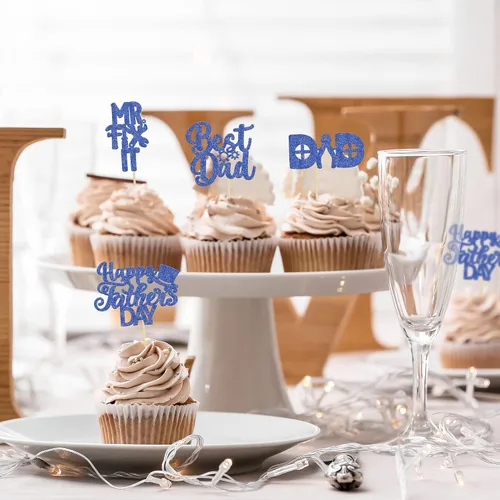 Vista 6 de 24 adornos para cupcakes con temática de sombrero para el Día del Padre, con purpurina azul, mejores selecciones de cupcakes para papá, decoraciones