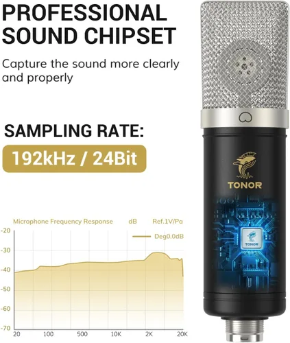 Vista 4 de TONOR Micrófono de condensador de 192 kHz/24 bits, kit de micrófono cardioide USB con brazo de pluma mejorado/soporte de choque de araña