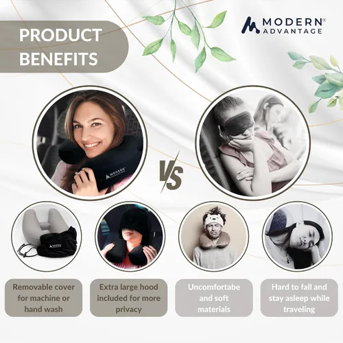 Vista 4 de Modern Advantage Almohada inflable de viaje para aviones con capucha cómoda, soporte ajustable para el cuello, almohada ligera y compacta para Negro