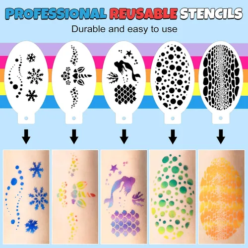 Vista 7 de Drawdart Kit profesional de pintura facial para niños y adultos, paleta de pintura facial Split Cake 12 x 10gm con plantilla, juego de pintura