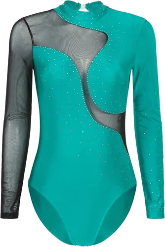 Vista 23 de iiniim Leotardo de malla para mujer, con diamantes de imitación, de malla, de manga larga, leotardos de gimnasia