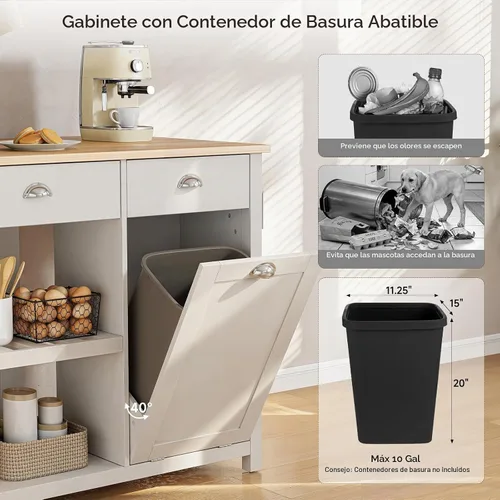 Vista 6 de ONBRILL Isla de cocina de 59 pulgadas con almacenamiento, mesa de madera maciza de goma