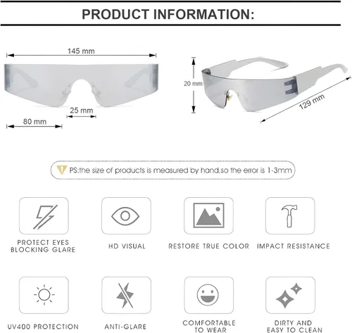 Vista 4 de Gafas de sol envolventes futuristas sin montura para mujeres y hombres, UV400 Cyberpunk con visera de moda