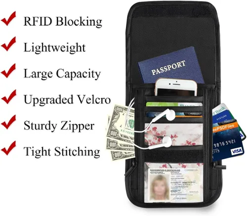 Vista 2 de Cartera de cuello de viaje con bloqueo RFID, bolsa para pasaporte de primavera de cerezo para mujeres y hombres, impermeable, para documentos