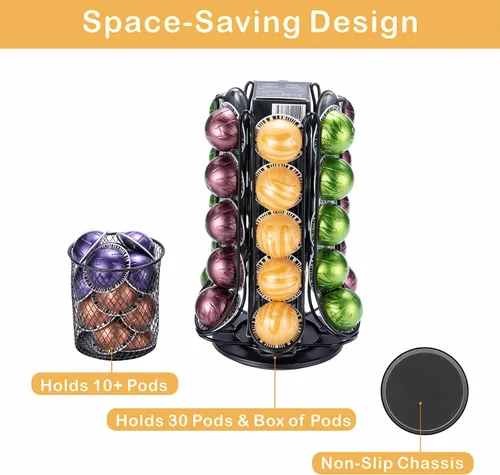 Vista 3 de FlagShip Soporte para cápsulas Nespresso, carrusel de cápsulas de café para almacenamiento de cápsulas Vertuo con cesta adicional de rodamiento