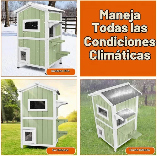 Vista 9 de Casa cálida aislada para gatos de 2 pisos, refugio resistente a la intemperie para gatos con 2 plataformas, capas térmicas, 2 puertas de escape